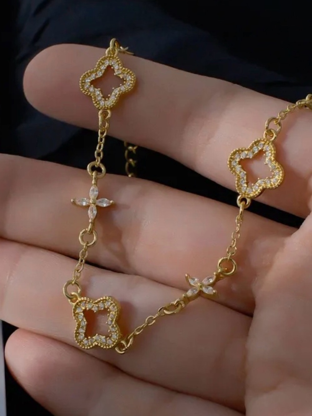 Gold Clover Link Bracelet with Crystal Accents